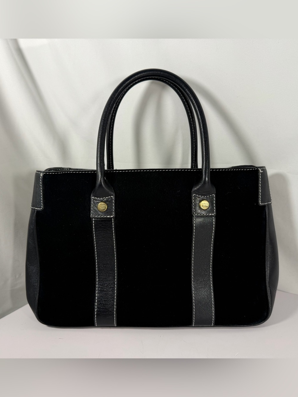4195: Samantha Thavasa Black Suede & Leather Structured Tote Bag